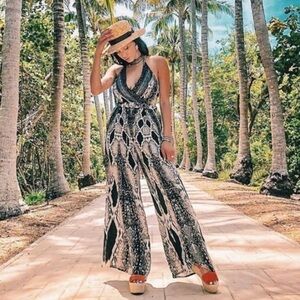 Shahida Parides Silk Jumpsuit Python Snake Animal Print Wide Leg Halter Size S M
